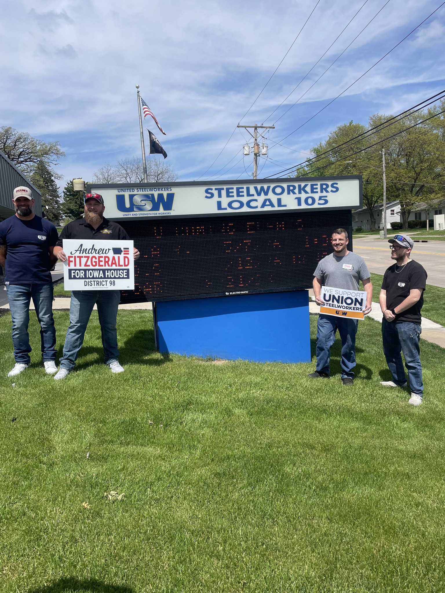Andrew Fitzgerald with supporters at Steelworkers Local 105 union hall